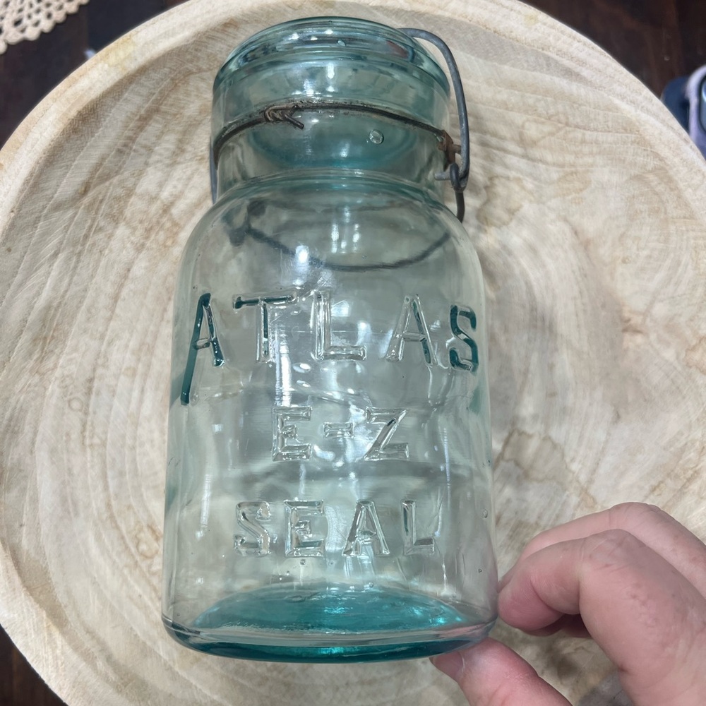 Antique Atlas Mason Fruit Jar Glass E-Z Seal with Lid Wire Bail Bubbles Aqua #9